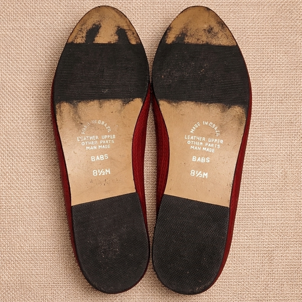 Vintage NICOLE BABS Red Woven Leather Fringe Loafers 8.5 M Fleur de Lis Heritage - Picture 9 of 10